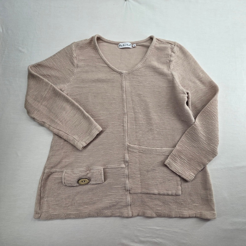 Habitat Top XS Tan Ribbed Cotton V-Neck 3/4 Sleeve Pocket Tunic Boho Lagenlook